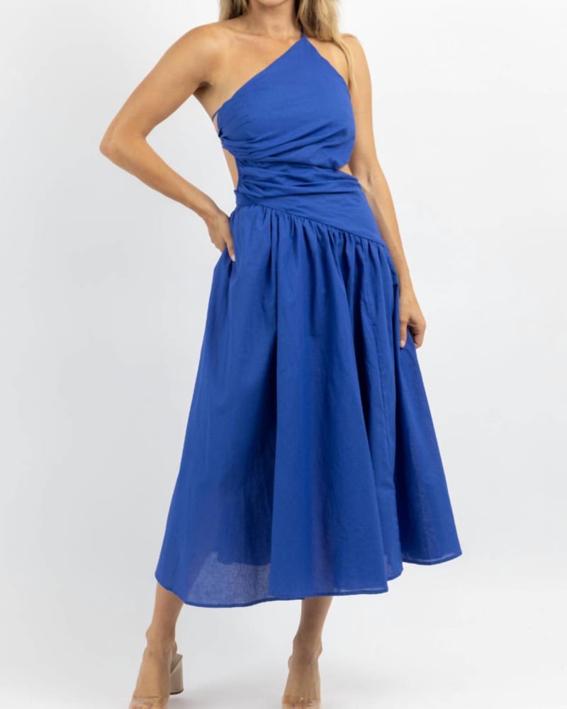 Front of a model wearing a size L Asymmetric Ruche Midi Dress In Deep Waters in Deep Waters by LUXXEL. | dia_product_style_image_id:351666